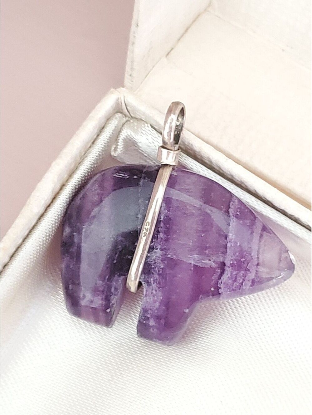 Vintage Sterling Silver Carved Purple Fluorite Bear Pendant